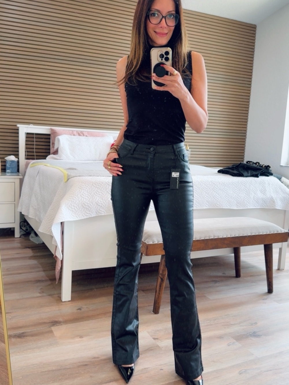 Black Faux Leather Flare Pants — Medium